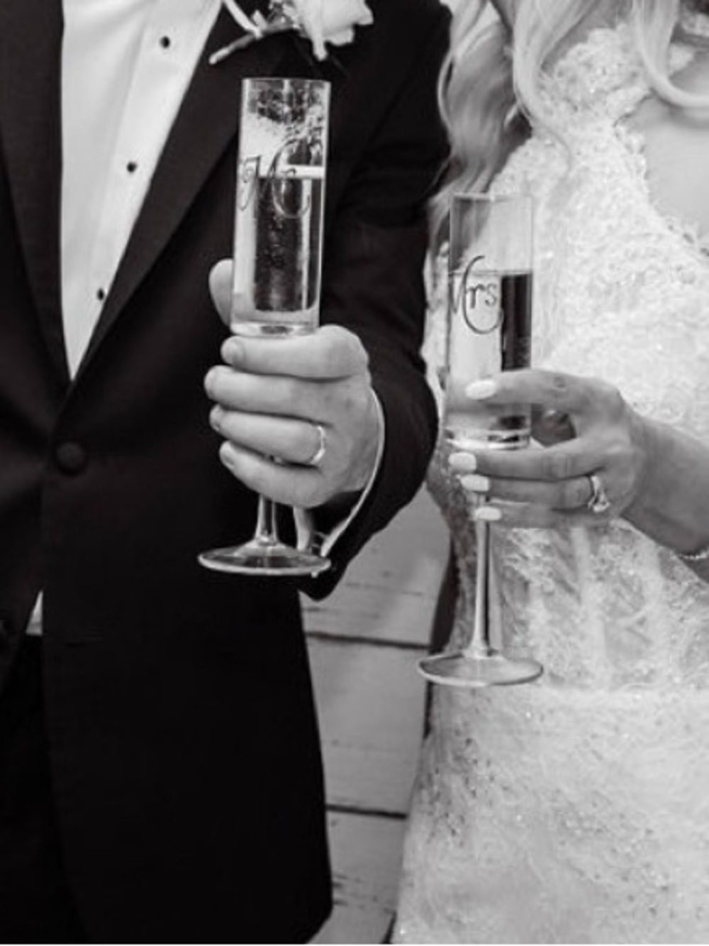Crystal Champagne Flutes with Gold 'Mr' & 'Mrs' Lettering -
